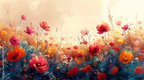 A vibrant digital painting of a colorful floral meadow under a serene sky © Athena