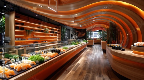 Modern sushi restaurant interior with an elegant design featuring curved orange elements and a conveyor belt of fresh sushi dishes.  photo