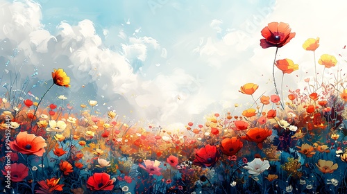 A vibrant illustration of a poppy field with a myriad of colorful flowers under a bright, cloudy sky  © Athena