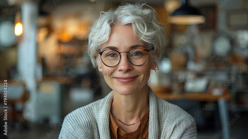 A smiling, mature woman with curly grey hair and glasses posing in a cozy cafe environment. A smiling, mature woman with curly grey hair and glasses posing in a cozy cafe environment.
