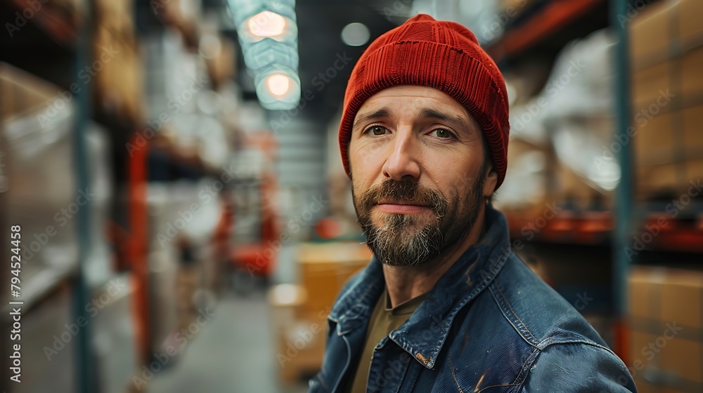 A confident male worker in a red beanie and denim jacket poses in a warehouse setting with shelves in the background. A confident male worker in a red beanie and denim jacket poses in a warehouse setting with shelves in the background.