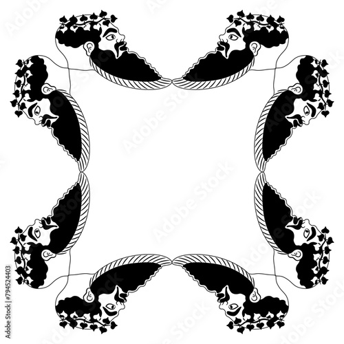 Square ethnic frame with heads of a bearded ancient Greek Satyrs wearing ivy wreaths. Vase painting style. Black and white silhouette.