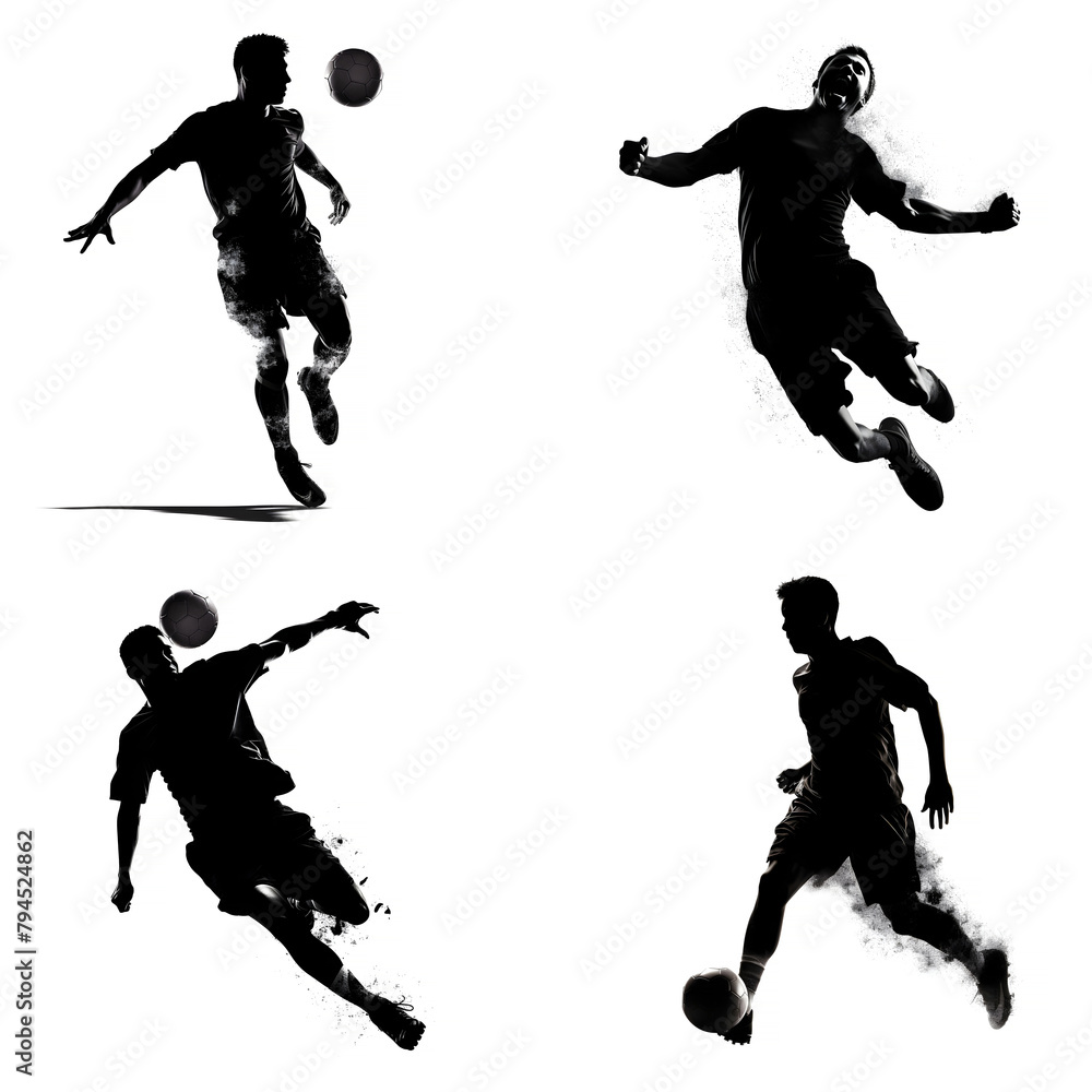 Dynamic soccer players captured mid-action against a stark white background