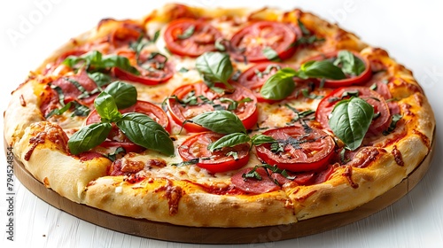 Freshly baked pizza topped with tomatoes, basil, and cheese on a wooden surface for a delicious meal concept. 