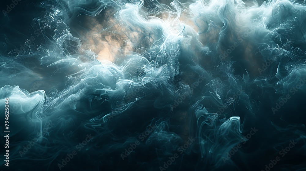 Ethereal blue smoke swirling against a dark background with a hint of warm light at the center, evoking a mysterious atmosphere. 