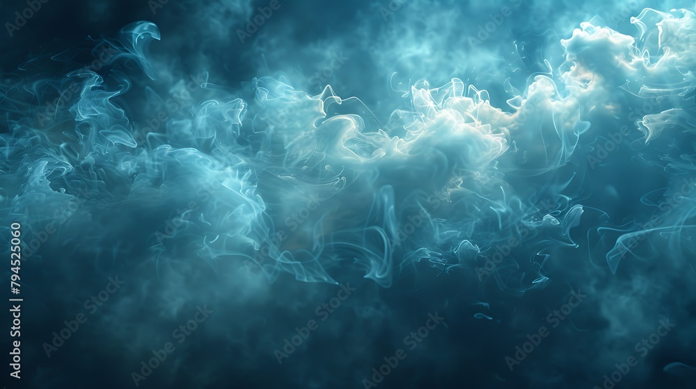 Ethereal blue smoke swirling against a dark background, creating a mysterious and moody atmosphere. 