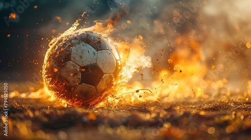 Football on fire on a field at sunset