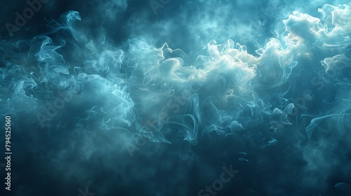 Ethereal blue smoke swirling against a dark background, creating a mysterious and moody atmosphere. 