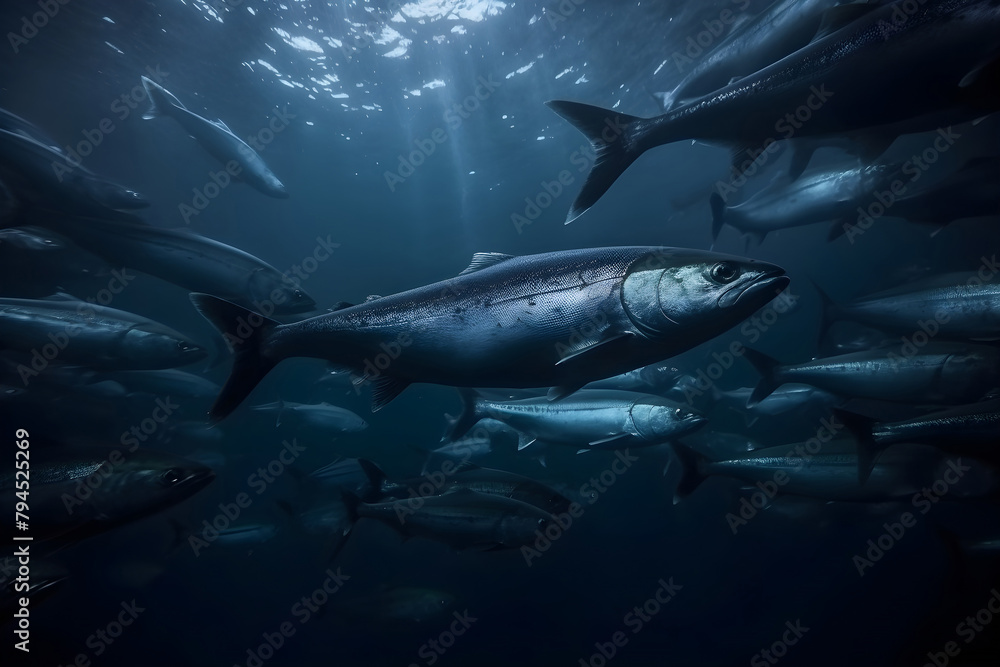 Obraz premium A shoal of fish swims in the tranquil, sunlit depths of the sea.