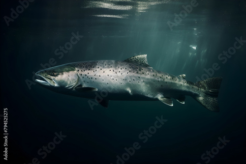 Underwater view of a solitary atlantic salmon swimming in the ocean depths