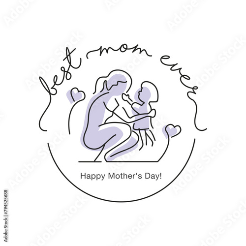 Best mom ever Happy Mothers Day handwritten calligraphy lettering pastel purple line design stamp badge draw of giving love to mom on white background © simbos