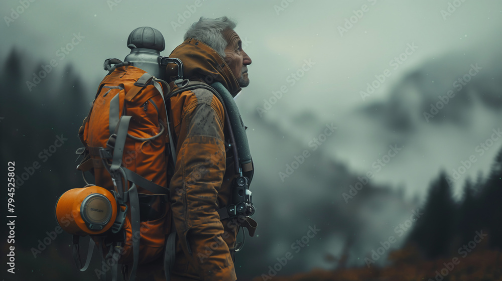 old person going on an adventure with hiking backpack and equipment old person going on an adventure with hiking backpack and equipment