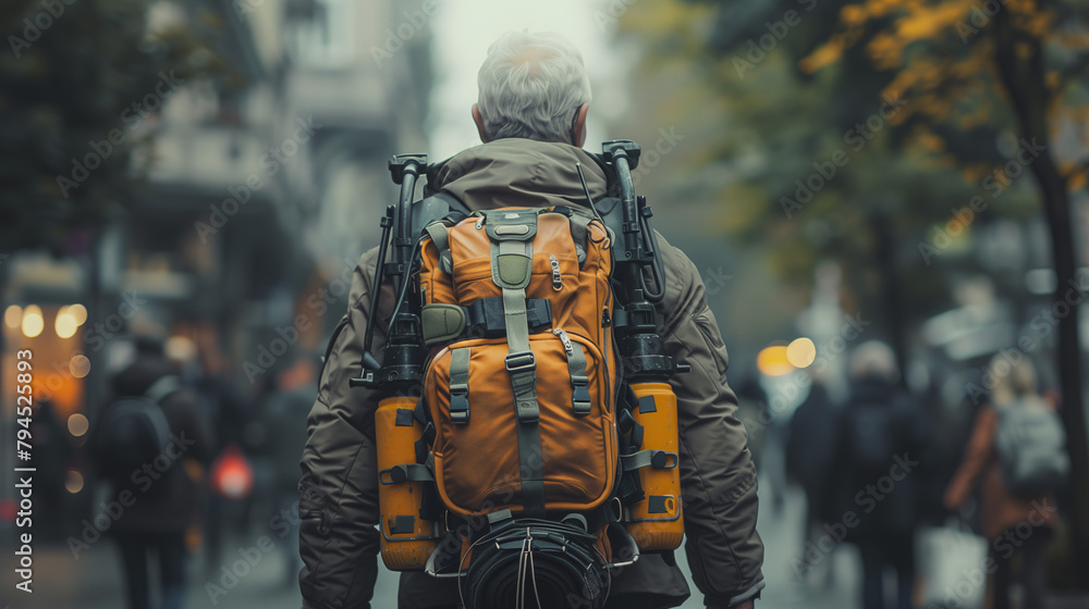 back view of an old man walking in a city with a large trekking backpack back view of an old man walking in a city with a large trekking backpack