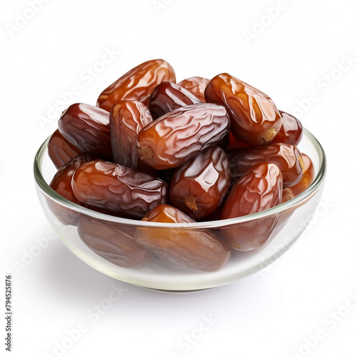 Date fruit in bowl on wooden background, top view