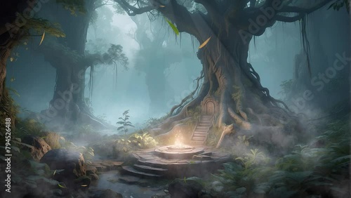 Experience the ethereal tranquility of a mist-shrouded forest and discover the mysterious vestiges of an ancient well hidden amidst the foliage in this mesmerizing 4K loop. photo