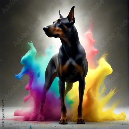 Doberman pinscher standing in front of colorful rainbow