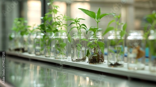 A series of small plants in glass jars each labeled with a different type of biofuel being tested. The plants show varying degrees of growth and vitality showcasing the potential effects .