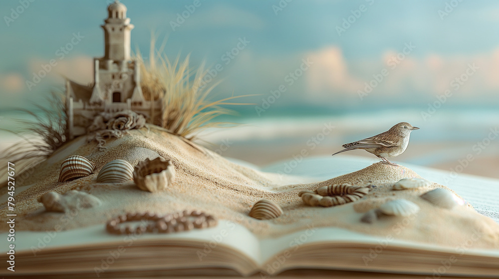 Deserted Beach Scene with Sandcastle and Seabird on Open Book Deserted Beach Scene with Sandcastle and Seabird on Open Book