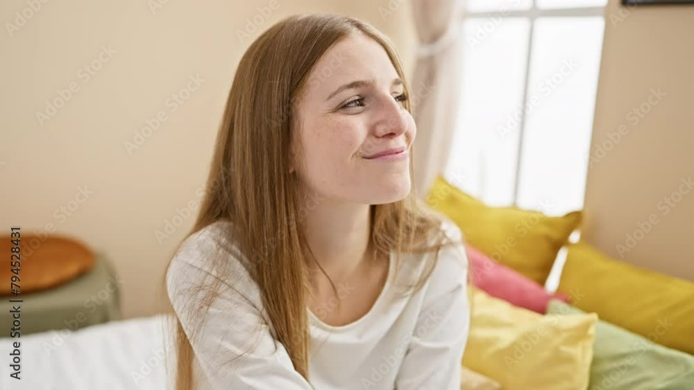 Cheerful, confident blonde woman in pyjama, sitting on bed, lost in thought, smiling as she looks away - an enchanting portrait capturing her natural beauty, indoors in a cozy bedroom Cheerful, confident blonde woman in pyjama, sitting on bed, lost in thought, smiling as she looks away - an enchanting portrait capturing her natural beauty, indoors in a cozy bedroom