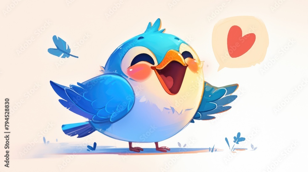 A lively bird character in a cartoon is depicted with a speech bubble icon