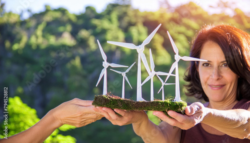 mani con modellini pale eoliche per il Green energia pulita photo