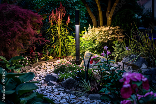 Magical, colourful garden in the evening with a stone path. A garden display lighted by a matte black bollard light. photo