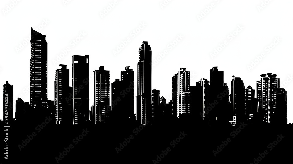 Simple and Minimalistic Black and White Vector Silhouette City Skyline: Flat Design Concept