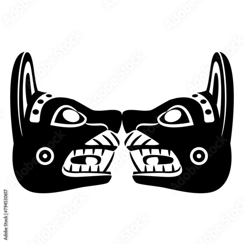 Symmetrical ethnic design with two animal heads in profile. Wari culture. Native American art of ancient Peru. Black and white silhouette.