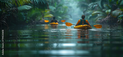 Kayakers Exploring a Tranquil Jungle River © LAJT