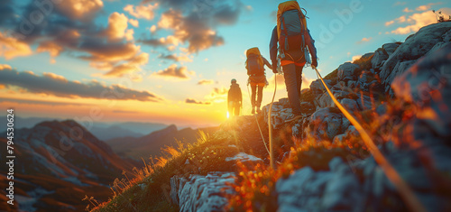 Mountain Climbers Secured with Ropes at Sunset