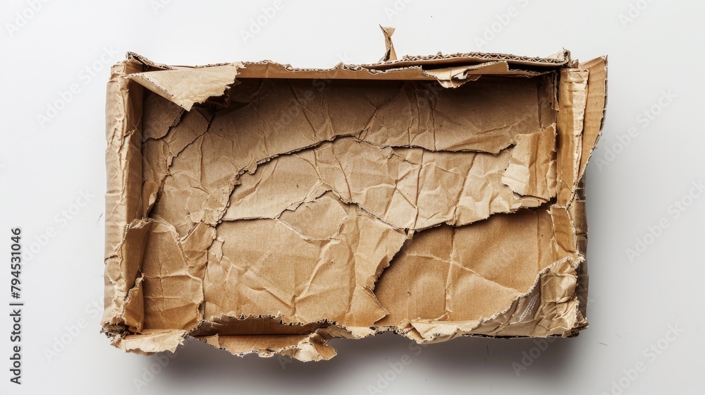 Damaged cardboard box torn and crumpled against white background