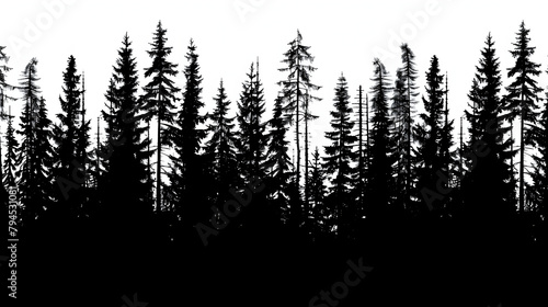 Silhouette of tall pine trees in the forest  vector illustration  black on white background  simple design  high contrast  detailed illustration