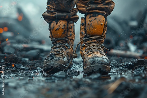 A soldier with muddy boots stands in camouflage patterned mud