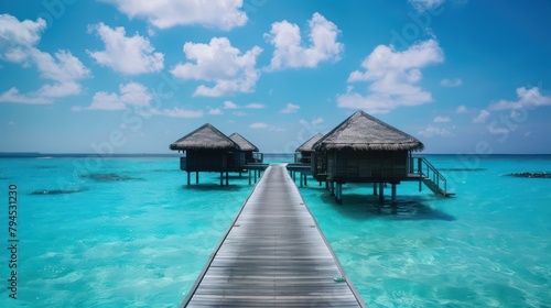 Traditional cottage on a Tropical Beach with a wooden bridge in a sunny setting © jongaNU