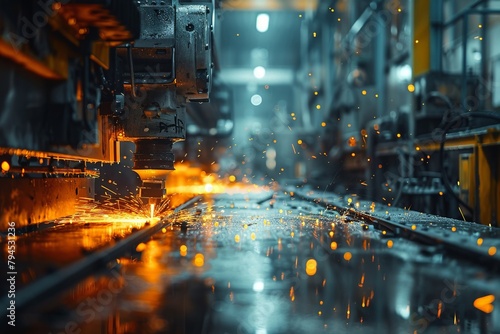 An engineering machine cuts metal in a factory building