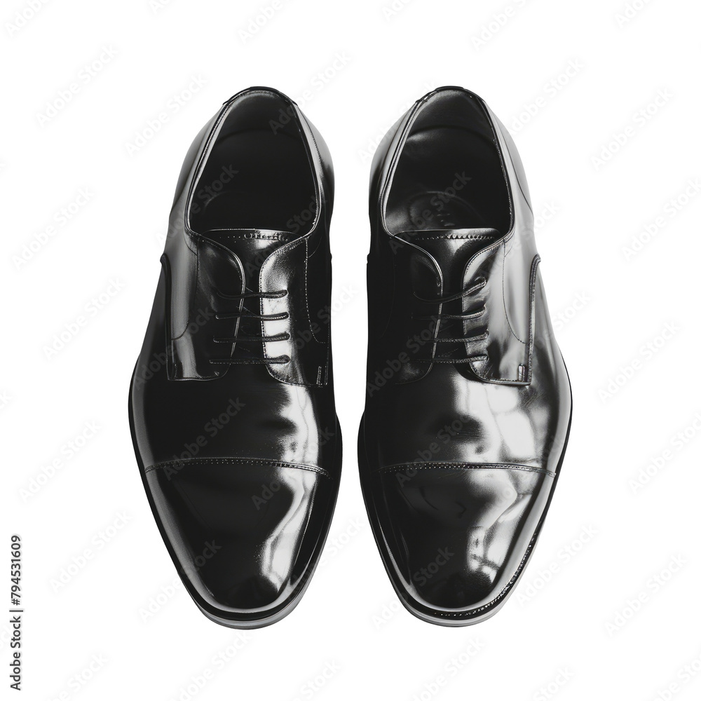Black leather shoes are showcased against a transparent background