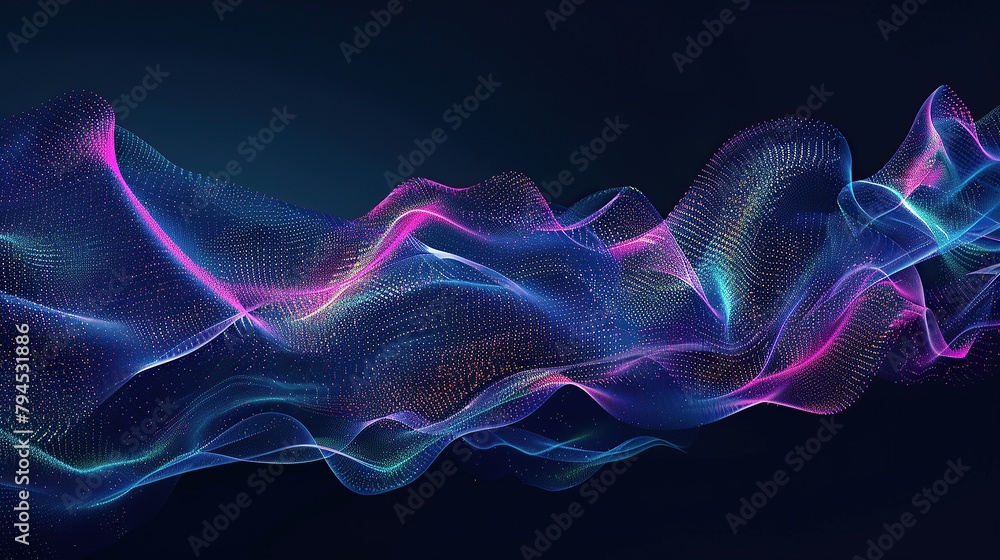 an abstract, dark blue background has colorful wave shapes in it, in the style of data visualization, line and dot work, light green and magenta