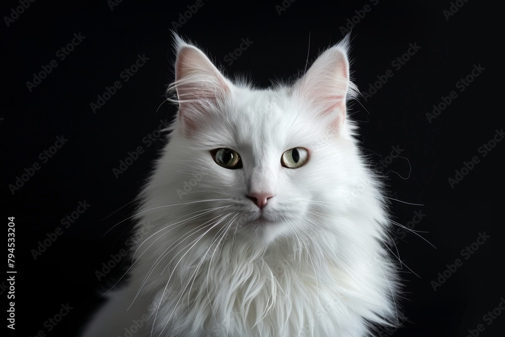 Beautiful white cat staring into the camera on dark background with copy space for text