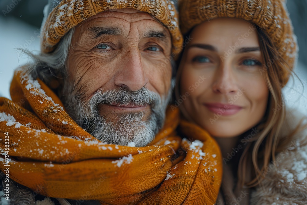 A man and woman with beards smiling in the snow, happy posing by a snowy temple