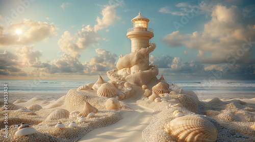 Surreal seashell path leading to sand sculpture lighthouse under a cloudy sky