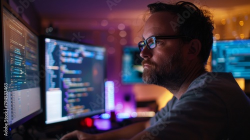 With focused determination a programmer stares intently at lines of code on multiple screens bathed in the fluorescent light of their hightech workspace during a rigorous debugging .