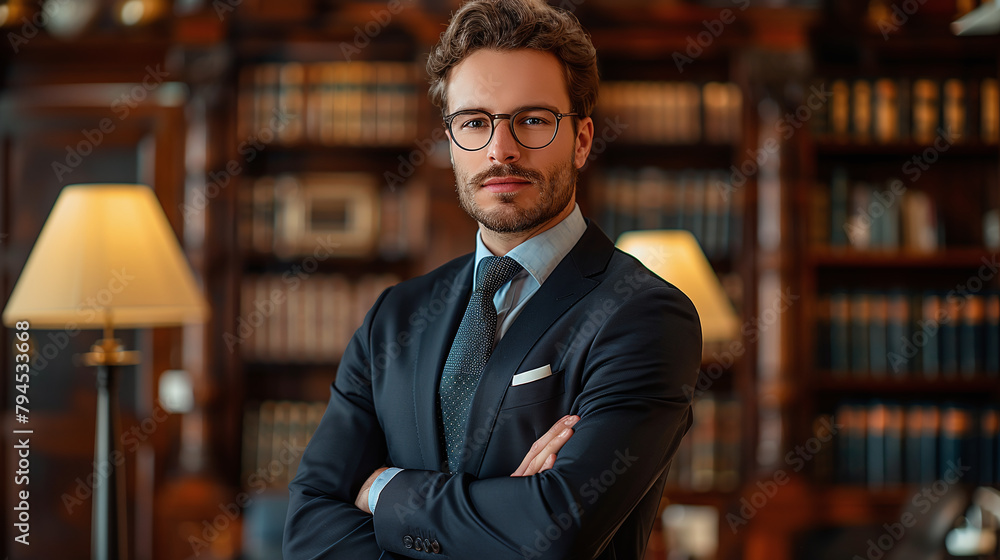 portrait of caucasian male attorney in a law studio, professional lawyer, prestige portrait of caucasian male attorney in a law studio, professional lawyer, prestige