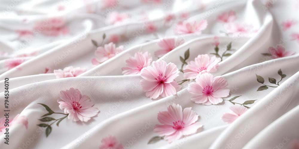 A close-up of a fabric with pink flowers and green leaves, creating a floral pattern on the surface. A close-up of a fabric with pink flowers and green leaves, creating a floral pattern on the surface.