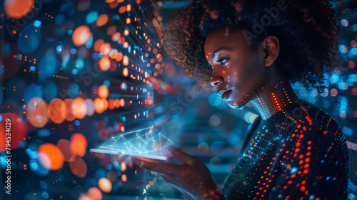 african-american woman operating advanced technology with colorful details and lights #794534029