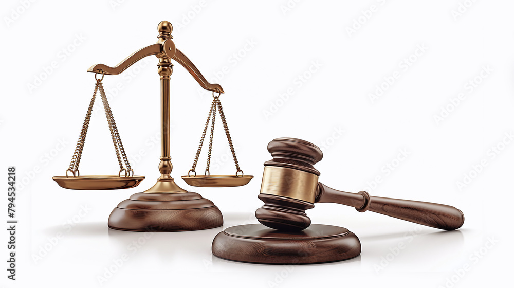 gavel, and justice scale on white background, judge, attorney, law, justice - obrazy, fototapety, plakaty 