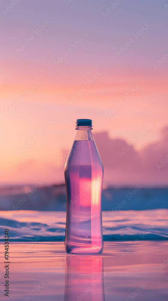 Crystal clear water bottle with a sunset glow on a peaceful ocean Crystal clear water bottle with a sunset glow on a peaceful ocean