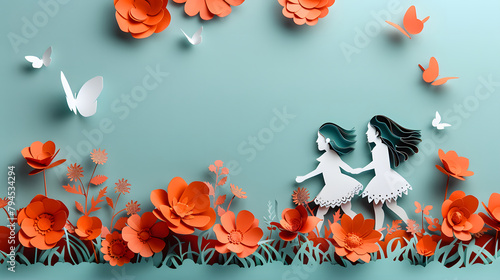 children's day illustration, colourful 3d paper cut children on bright background with copy space, very detailed and realistic