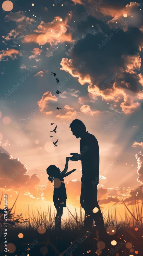 Silhouette of a person in the sunset, father and son. World Father's Day.