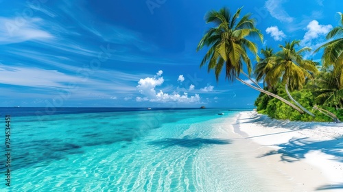 Tropical Beach with traditional Huts and palm trees on beautiful seashore background