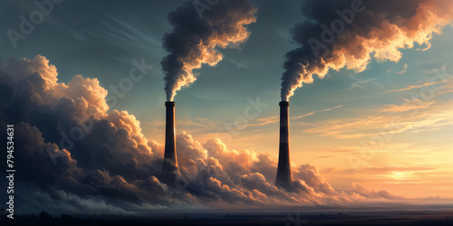 A dramatic scene of two towering smokestacks belching smoke against the backdrop of a cloudy sky and a setting sun, creating a stark contrast between industry and nature. photo